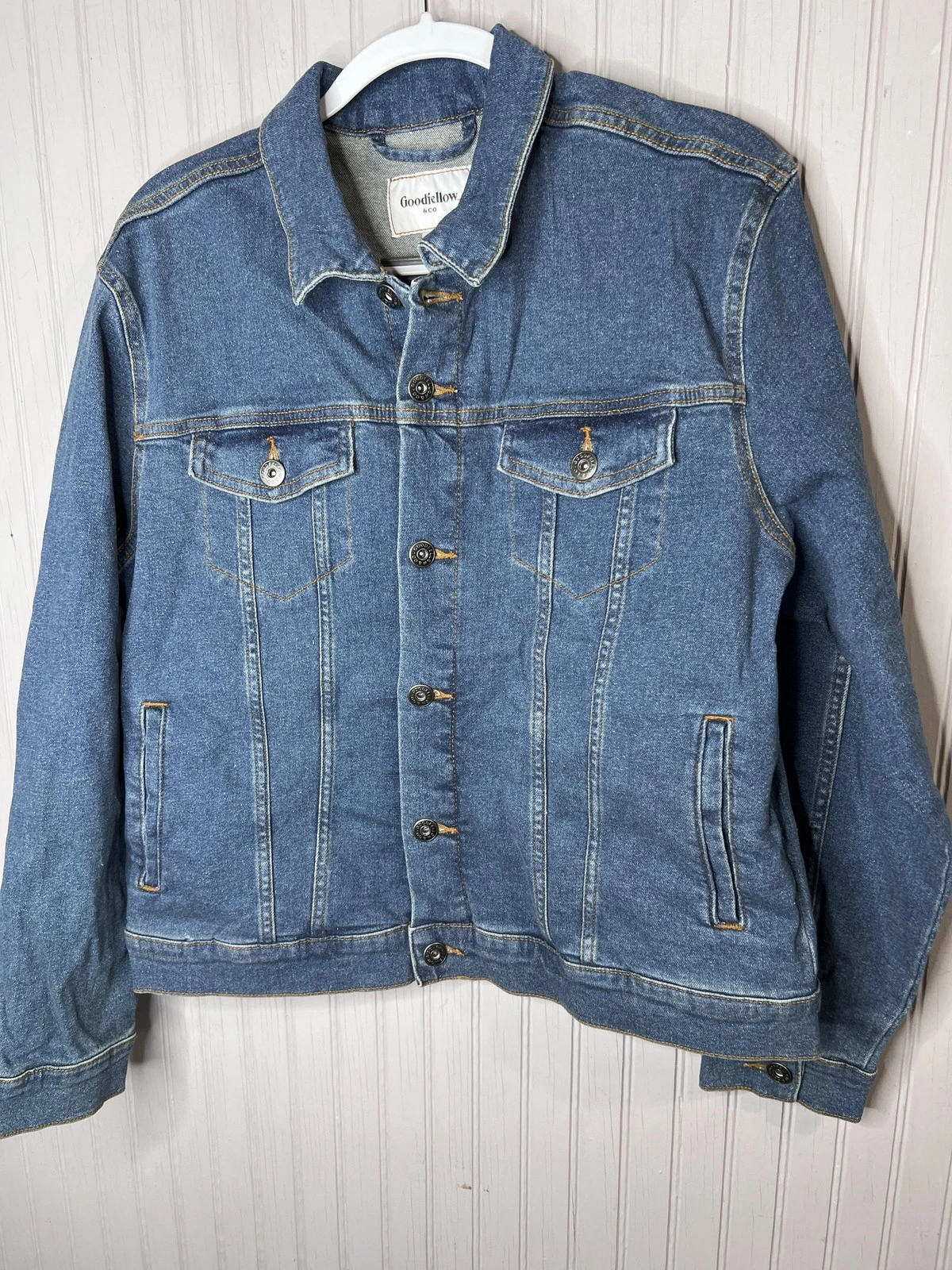 Goodfellow & Co Jacket Mens L Blue Denim Jean Button Front Stretch Classic NEW