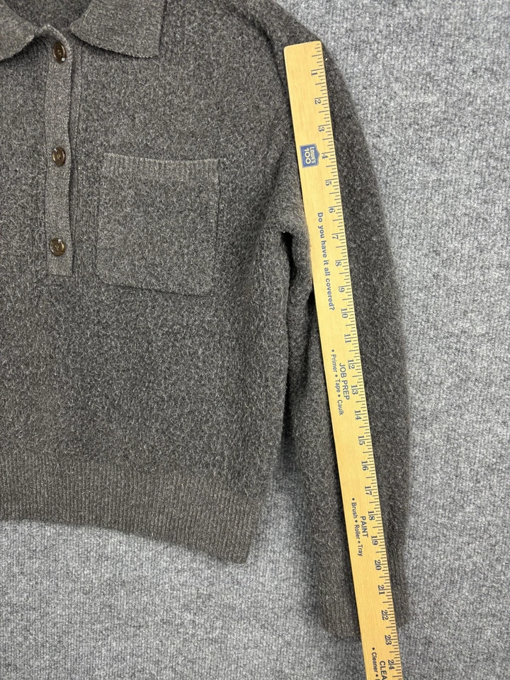 Suéter Zara Mujer Pequeño Marrón Gris Cuello Polo Tejido Pullover Bolsillo Suave Foto 4 de 4