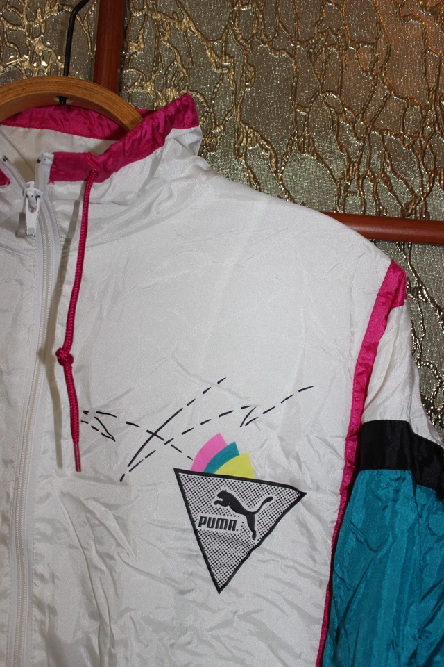 Chaqueta Puma vintage de los años 90 blanca/rosa/verde de nailon para correr gimnasio - talla 8 Foto 2 de 4