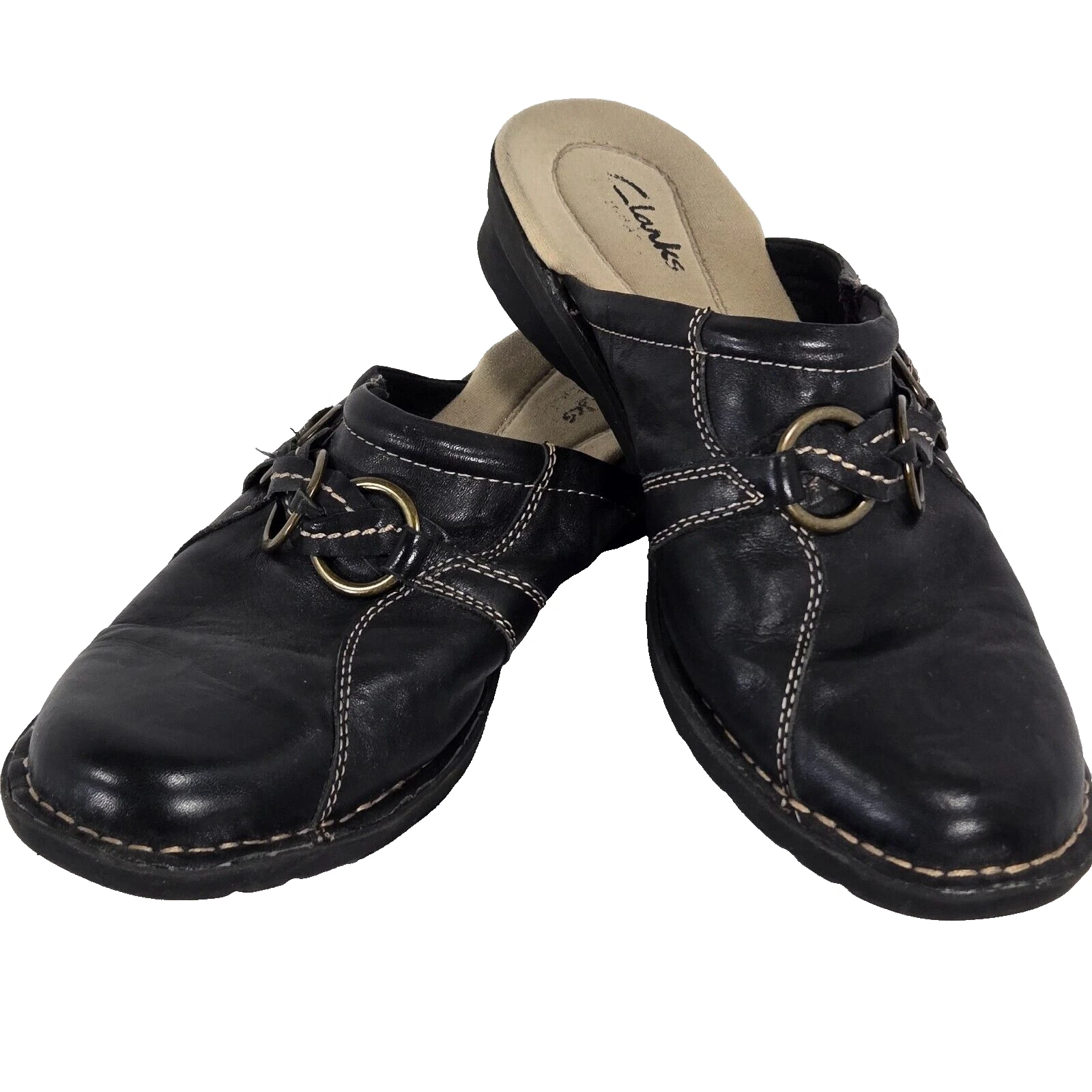 Clarks Zoccoli Scarpe Donna 8 5 M Nero Pelle Tacco Piatto Basso Punta Chiusa Senza Scatola