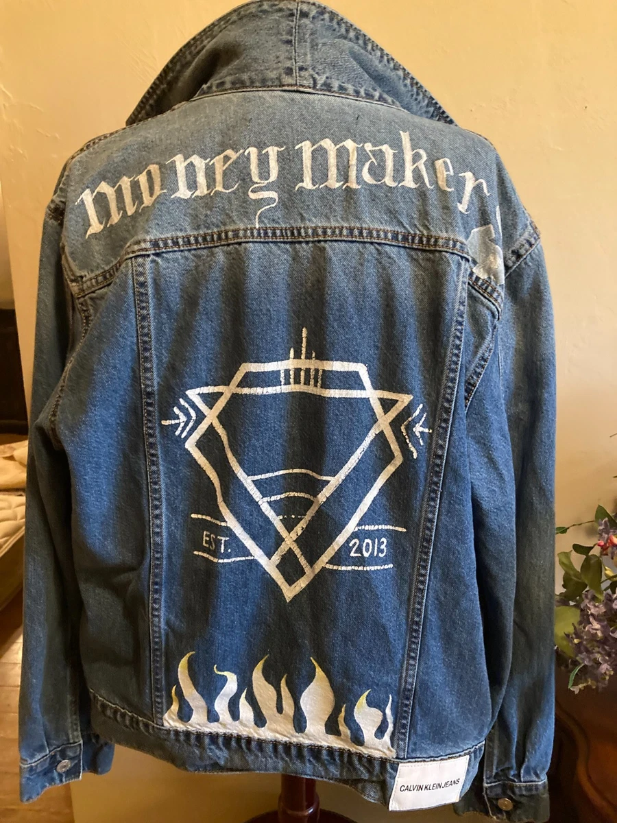 CALVIN KLEIN Hand Painted Gambler Jean Jacket MONEY MAKER 42 chest 4 pockets M