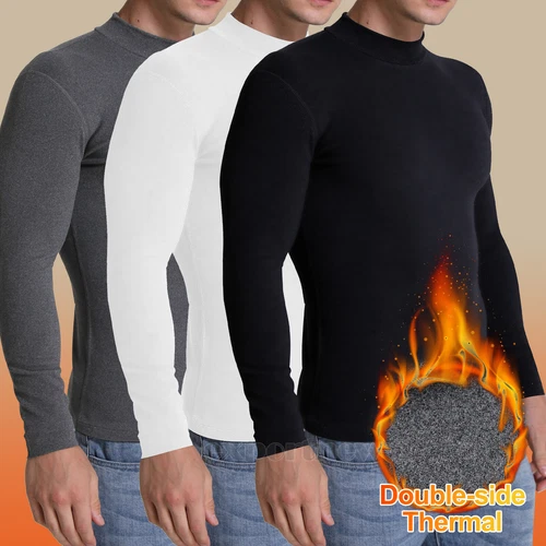 Men Long Sleeve Thermal Tops Pullover Underwear Tees Double-side Fleece T-Shirt - Picture 1 of 15