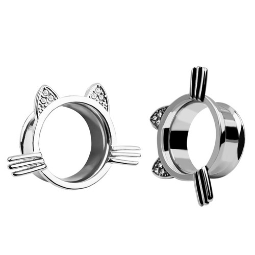 Cute Cat Face Crystal Ear Gauges Flesh Tunnels Plugs Stretchers Expander Girl - Picture 9 of 11
