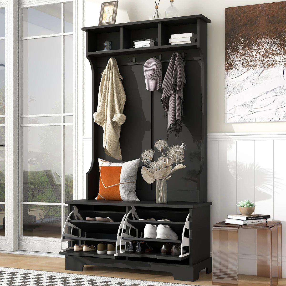 Hall Tree w/Flip Shoe Storage Rack 3-in-1 Entryway Bench w/Coat Rack &  Shelves