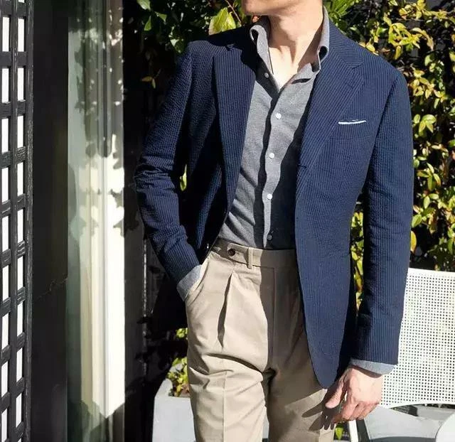 Темно-синий мужской костюм Seersucker блейзер повседневный спортивный крой летняя вечеринка пляж мужские смокинги - Изображение 3 из 4