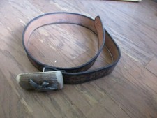 Vintage Antler  Pewter Duck Belt Buckle  40" Leather Tooled Belt Hunting GUC