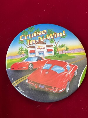 In Out Burger Cruise In N Win Pinback Button 3'' Burgers Drive In Palm Trees 3''