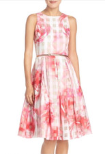 Eliza J Floral Organza Fit & Flare Dress Pink White Sz 6