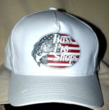 BASS PRO SHOPS White-Solid Canvas-W/Flag BG Logo&GrayFish.Trucker Style Cap.