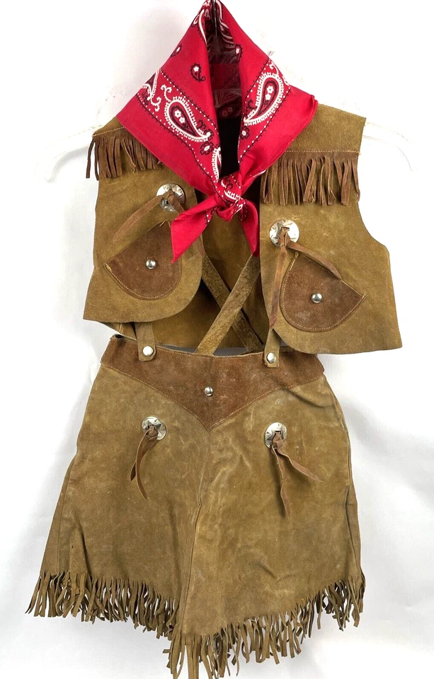 Vintage Girls Western Vest Skirt Outfit Suede Silver Concho Bandana Dress Up - Image 2 of 4