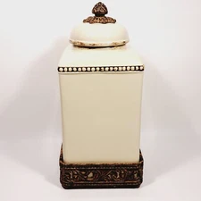 Gracious Goods GG Collection Large 15" Cream Canister Acanthus Leaf & Metal Base
