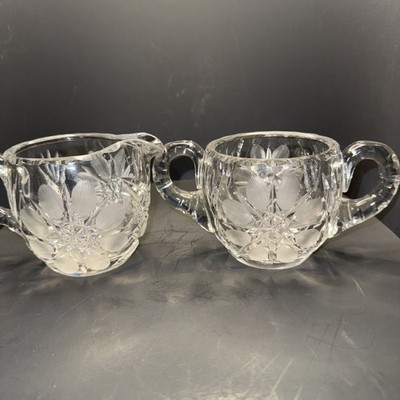 Cut Crystal Creamer And Open Sugar 8 Petal Flower Hobstar Center