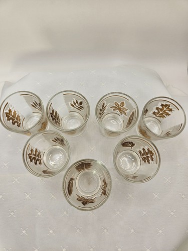Vintage MCM 7 Frosted Shot Glasses Gold Foliage with Carrier Caddy - Picture 9 of 13