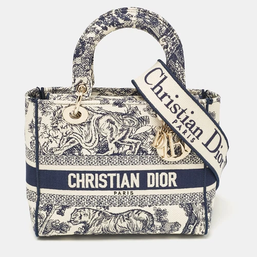 Sac fourre tout Dior bleu/bleu toile brodée moyen Toile de Jouy Lady D Lite
