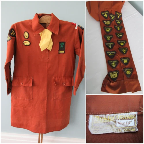 Vintage Brownies Uniform Dress 1980s Girl Guides Cloth Tie Sewn on Badges x 29
