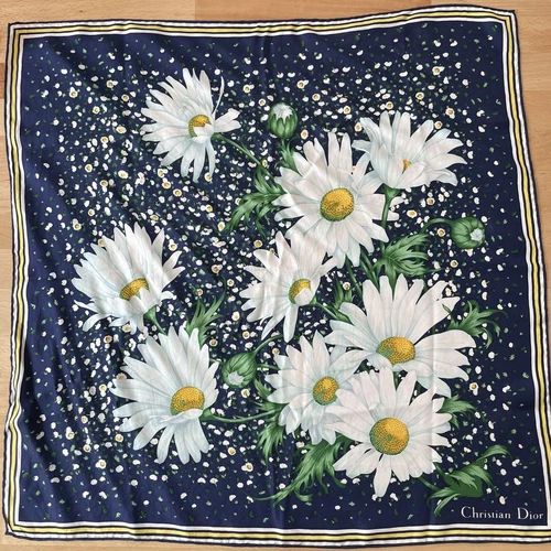 Foulard Christian Dior 66 cm 25" carré soie fleur marine