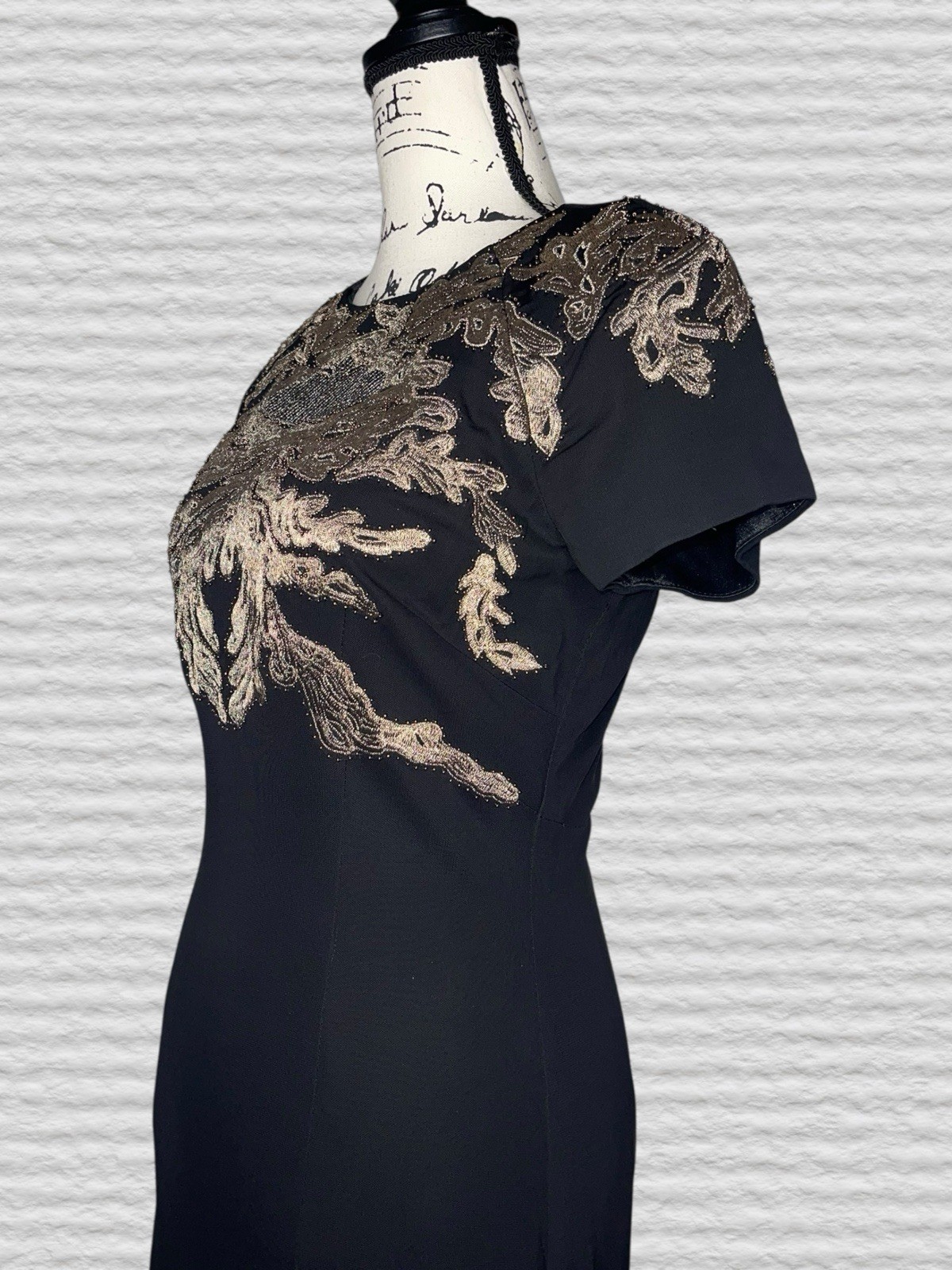 David Meister Embroidered Beaded Luxe Gown Womens 8 Black Gold Maxi Elegant Gala