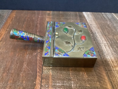 Antique Cloisonne enameled Brass handled silk iron box Crumb catcher leaf stones - Picture 3 of 8