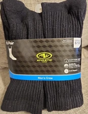 New Athletic Works 6 Pairs Mens Size 6-12 Black Sports Crew Long Cotton Socks