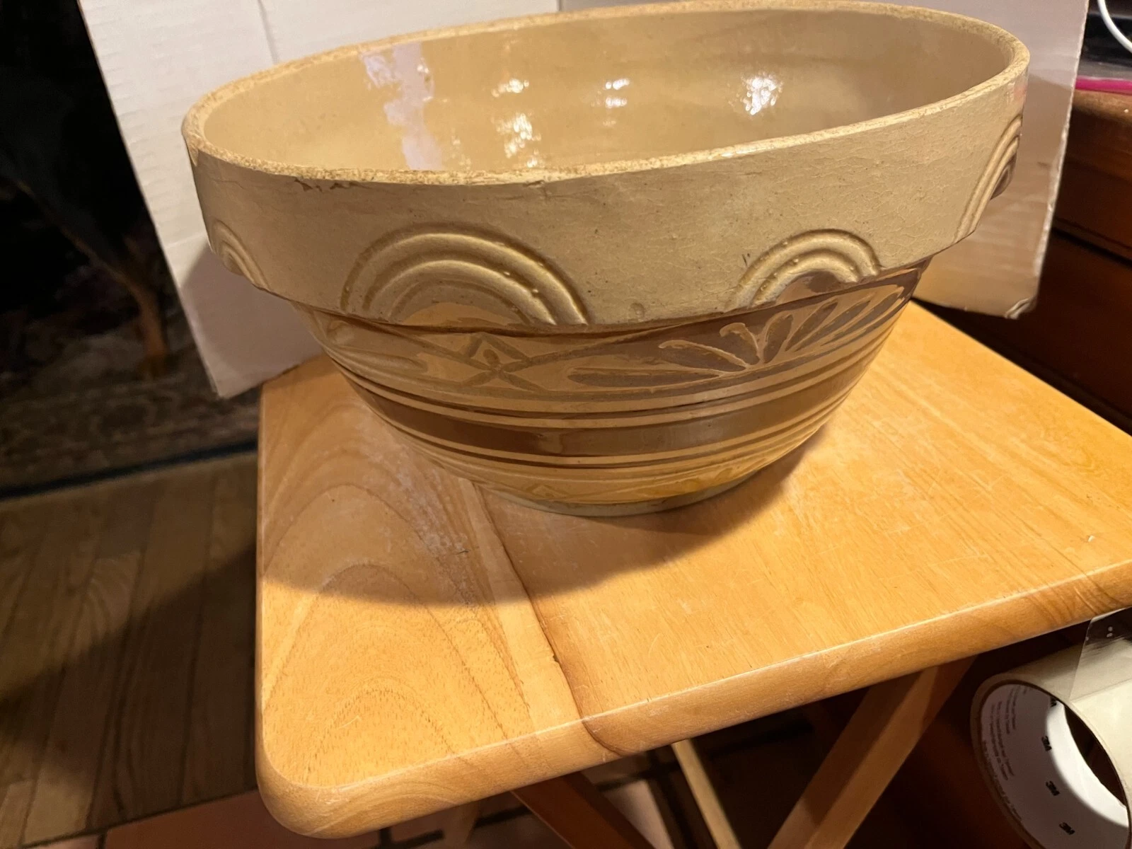 RRP Pottery Roseville Ohio Large Mixing Bowl 12” Yellow Ware Brown Band #305