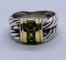 David Yurman Sterling Silver 925 585 14k Double Cable Green Stone Ring