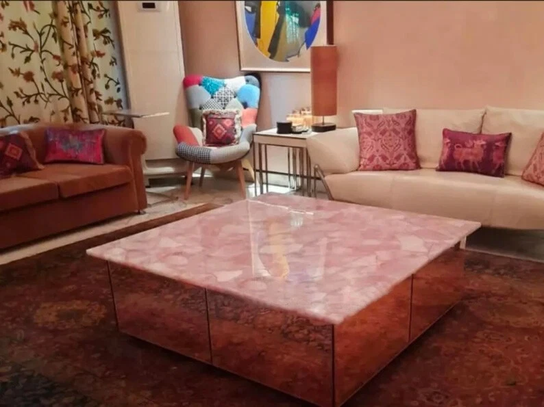 Elegant Look Rose Quartz Top Dining Table Marble Stone Counter