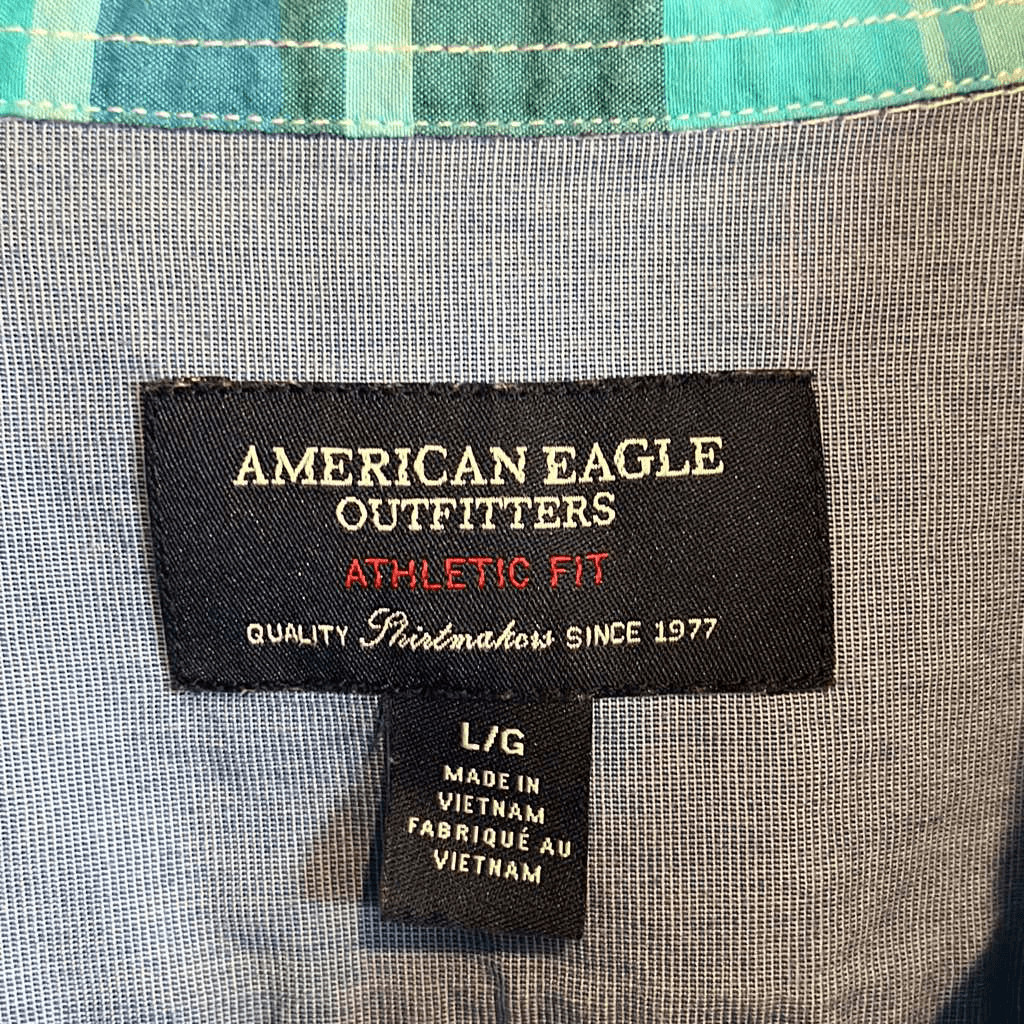 American Eagle Blue Plaid Button Down Large - image 3