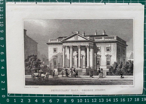 Impresión antigua de 1829; Physician's Hall, George St, Edimburgo después del pastor - Imagen 2 de 2