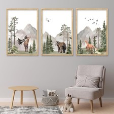 Set Of 3 Wild Woodland Nursery Animals Wall Art Decor 16x11 Inch Safari Foggy...