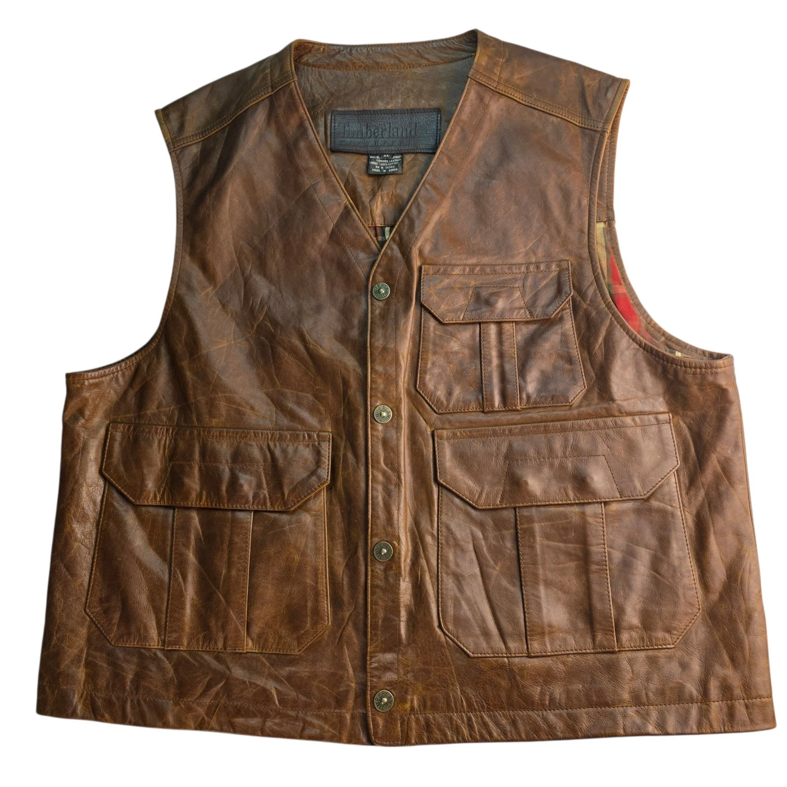 Vintage Timberland Weathergear Cowhide Leather Utility Vest XL Rugged Outdoors