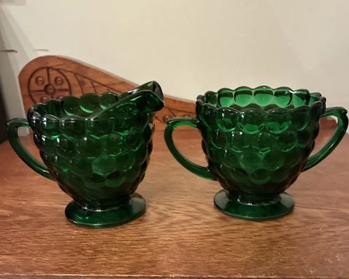 Anchor Hocking Forest Green Bubble Glass Creamer & Sugar Bowl Set Excellent!