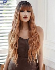 Perruque Synthétique Longue Brune Racine Noir Femme Bouclé Avec Frange +4 Bonnet