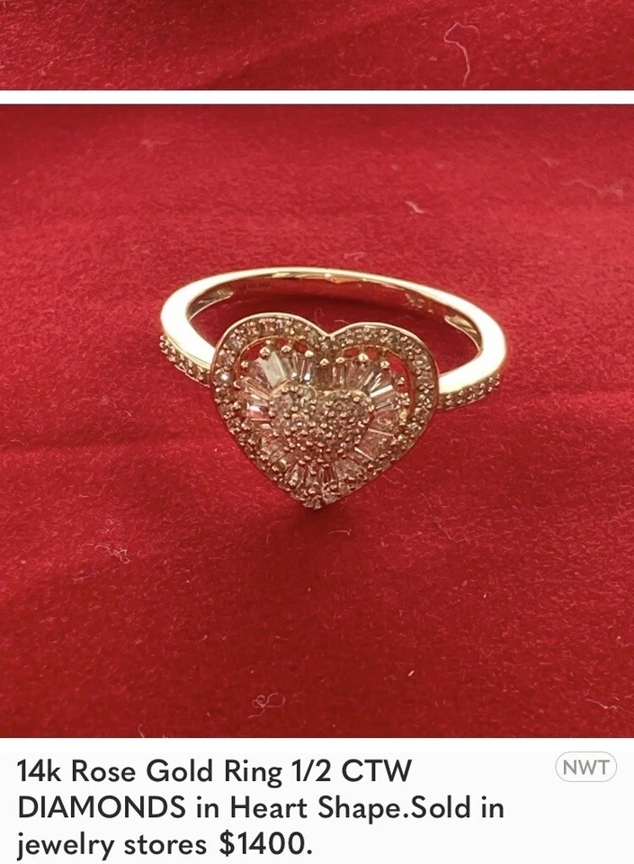 Anillo de moda con racimo de diamantes y oro rosa de 14k en forma de corazón 1/2 Ctw talla 9 Foto 2 de 4