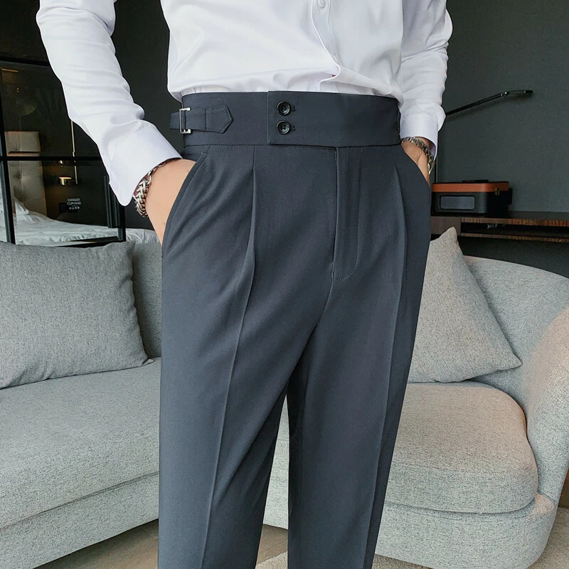 Men Retro High Waist Suit Pants Straight Trousers Buckle Pants Slim Bermuda  Pant