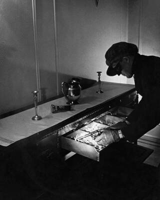Masked Gun-Toting Thief Stealing Silverware Old Historic Photo