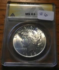 1923-P  $1 PEACE SILVER DOLLAR  "CLEAN CHEEK''  ANACS  MS - 63