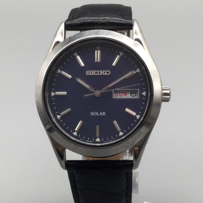 Seiko Solar Watch Mens 37mm Silver Tone Black Leather Strap Day