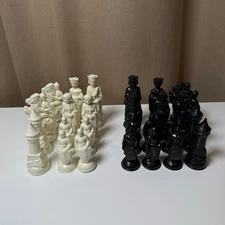 Vintage Chess Pieces Set Black White Medieval Knights Royalty