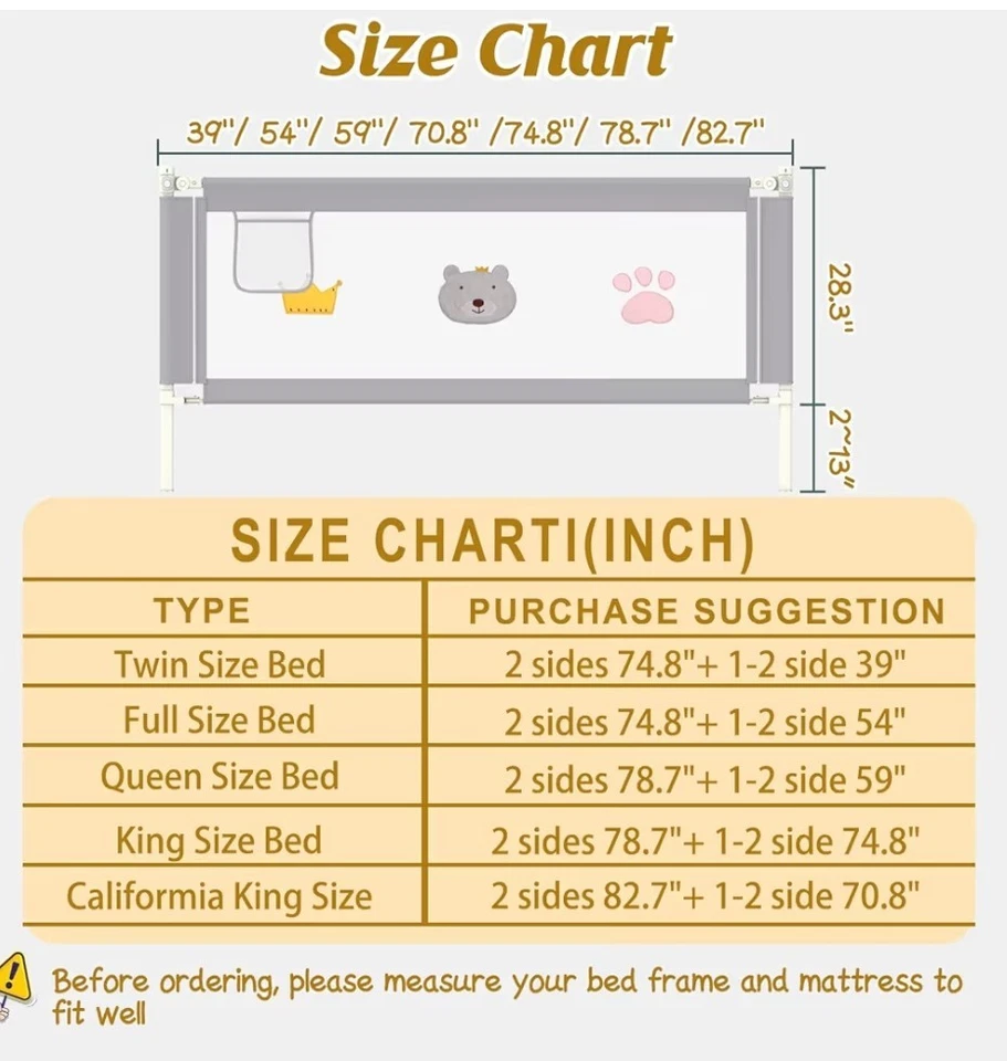 JWPEHOE Height Adjustable Bed Rails (3)  for Toddlers-Queen Bed 78"X78"X59" - Image 2 of 4