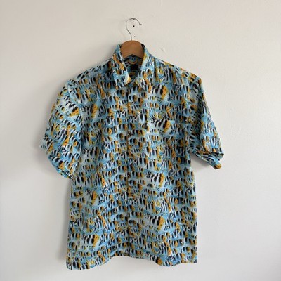 PS Paul Smith Hemd Herren Medium Blau Fisch Print Kurzarm Knopfleiste Radfahren