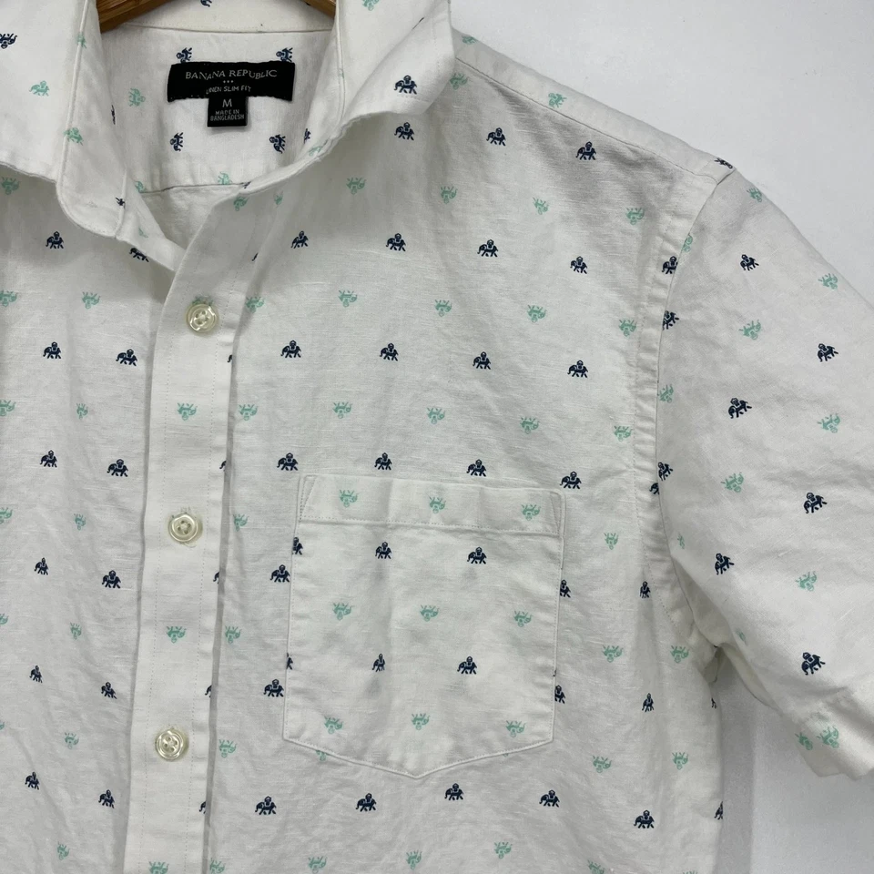 Banana Republic Short Sleeve Button Shirt Men's M White Linen Slim Fit Elephant - Image 4 of 4