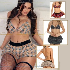 Halloween Fancy Dress Costume Women's Sexy School Girl Lingerie Mini Plaid Skirt