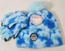 Justice Girls Blue Faux Fur Pom Pom Sherpa Beanie Hat/Gloves Set NEW