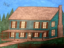 Blue House Forest Building Architecture Design USA Town House Drawing Artwork