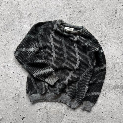 Hugo Boss Mens Vintage 90s Knitted Black/Gray Crew Neck Sweater Size - S