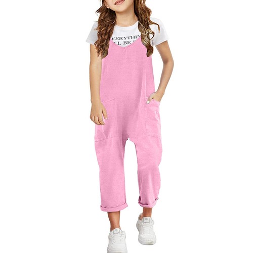 Girls' Casual Sleeveless Jumpsuits Spaghetti Strap Loose Romper Long Pant Pocket - Picture 9 of 34