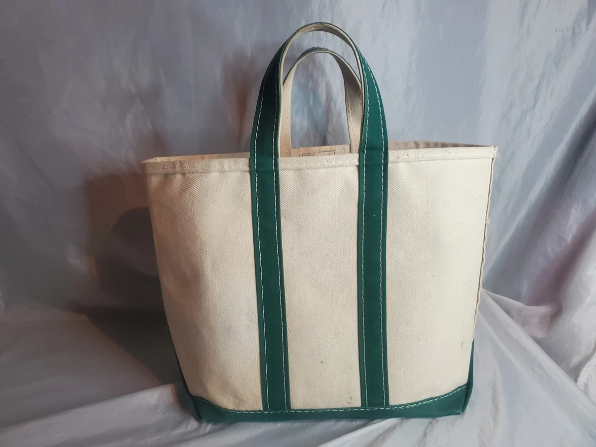LL Bean Boat & Tote Green Trim Tote Bag Vintage Medium Freeport Maine Side Tag