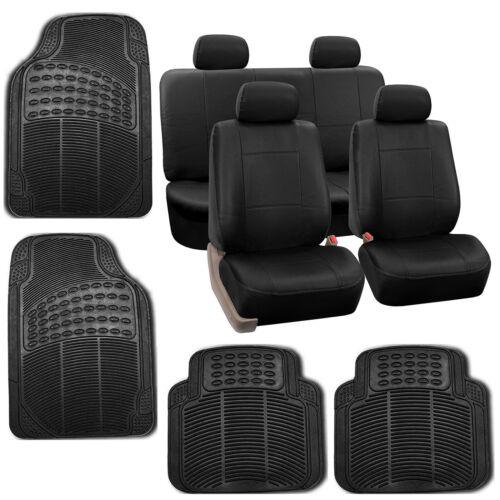 Black Faux Leather Car Seat Cover Set Headrests Floor Mat Set - Picture 1 of 10