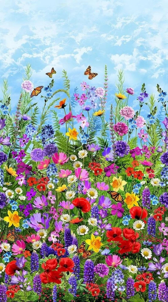 24" X 44" Panel Wild Floral Wildflowers Butterflies Field Cotton Fabric D584.66