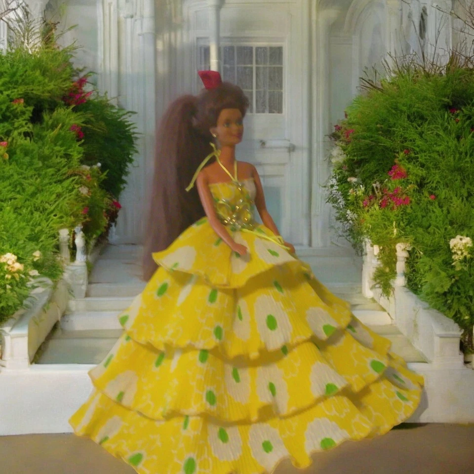 Valencia - Vestido de baile único hecho a mano amarillo verde blanco para muñecas Foto 2 de 4